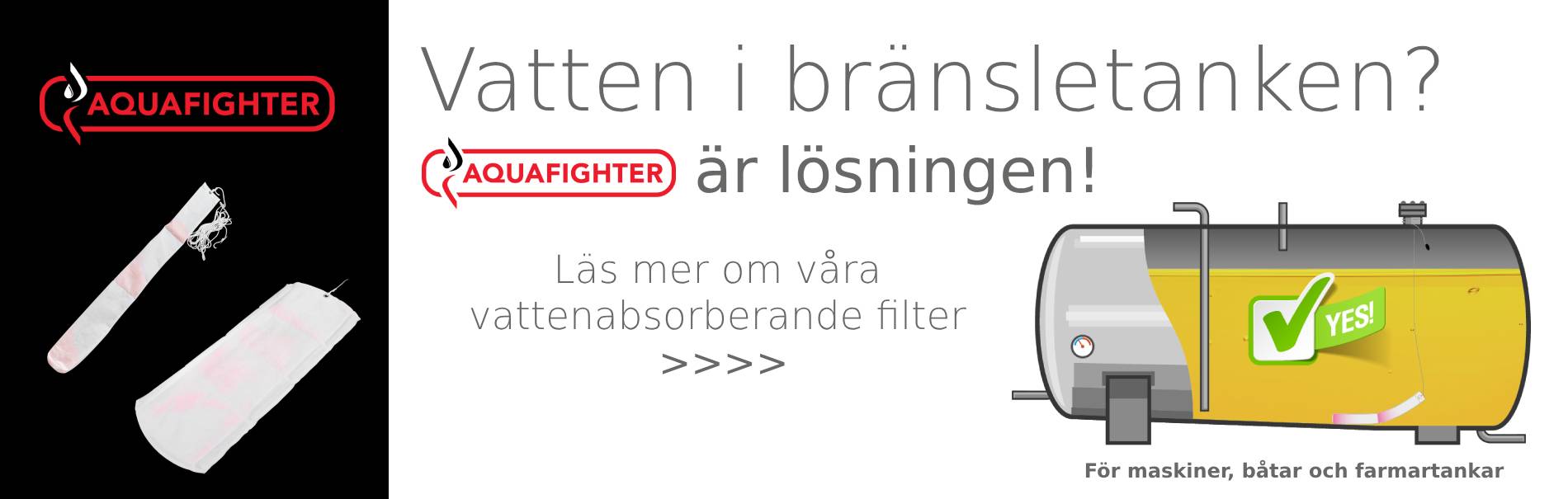 Bild på bränsletank med vatten och ett filter i botten. Text och Aquafughters logotyp.