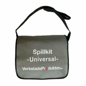 Grå väska för spillkit med axelrem och vit text på framsidan.