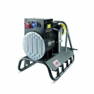 Elgenerator med på stativ med röd och blå knapp samt svarta kåpor.