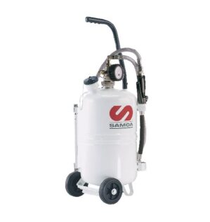 Oljedistributör med hjul och vit tank