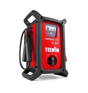 Röd och svart starthjälp med display och logotyp på framsidan