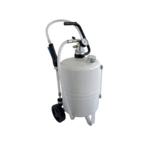 Grå oljedistributör med kärra och hjul