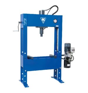 Blå verkstadspress med vit logotyp