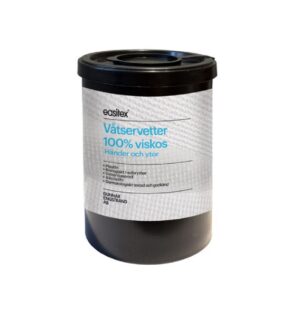 Svart cylinder med våtservetter med vit etikett