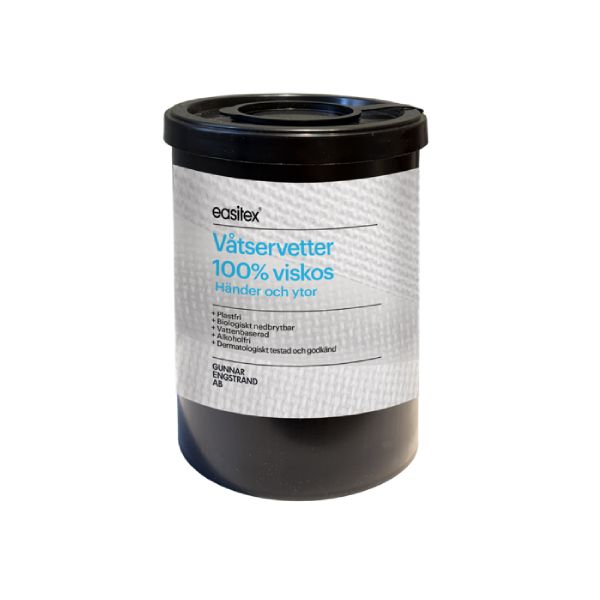 Svart cylinder med våtservetter med vit etikett
